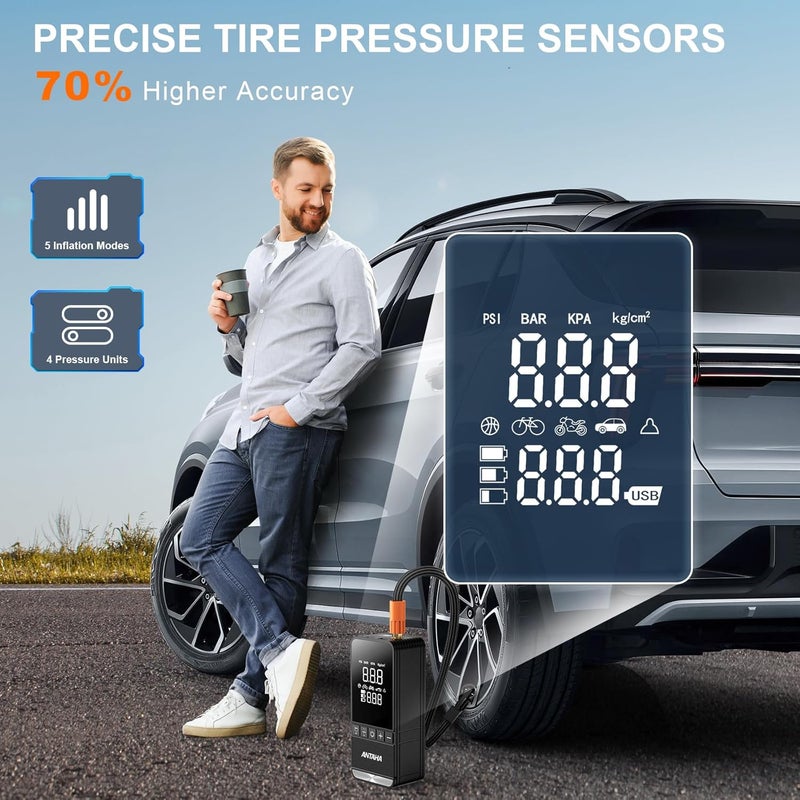Antaha Tire Inflator Portable Air Compressor, 150 PSI Smart Air Pump for Car Tires with Digital Pressure Gauge, Tires Pump for Cars, Motorcycles, Bikes, Balls, Mini Bike Pump & Car Accessories - Image 4